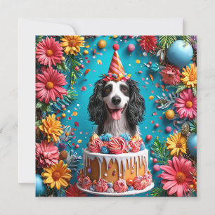 Invitation Chien heureux célébrant son anniversaire avec un g