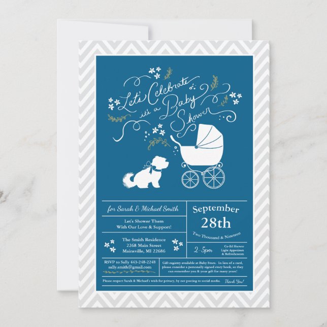 Invitation Chien maltais Baby shower Blue Boy (Devant)