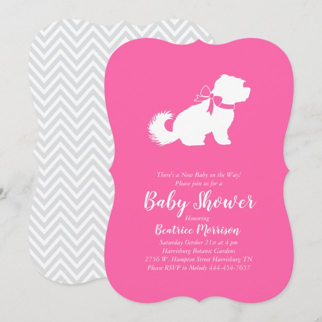Invitation Chien maltais Baby shower fille rose (Devant / Derrière)
