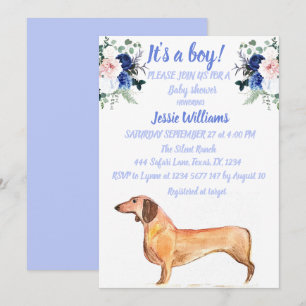 Invitation Chien mignon Dachshund Floral Blue Weiner Baby Boy