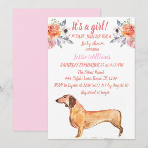 Invitation Chien mignon Dachshund Floral rose Weiner bébé fil