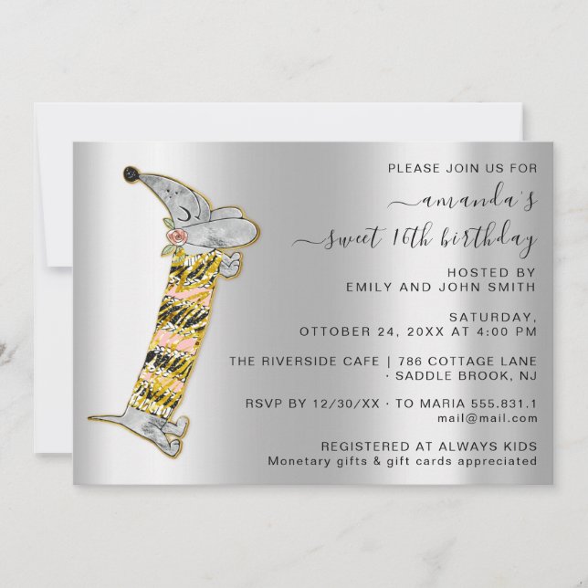 Invitation Chien mignon Doux 16e fête d'anniversaire Silver G (Devant)