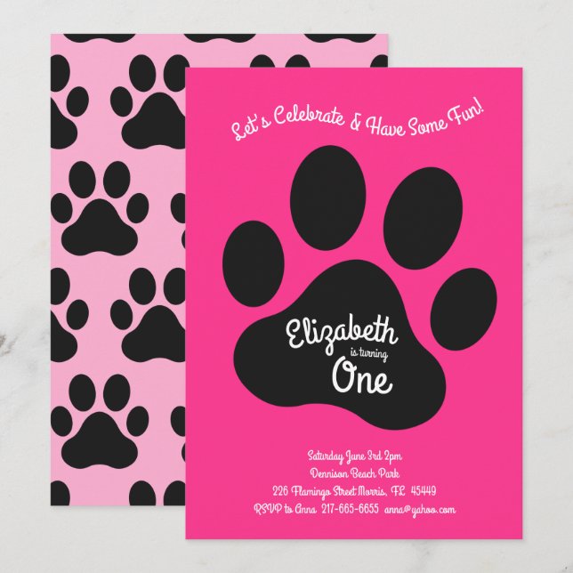 Invitation Chien mignon Empreinte de patte Enfants 1er annive (Devant / Derrière)