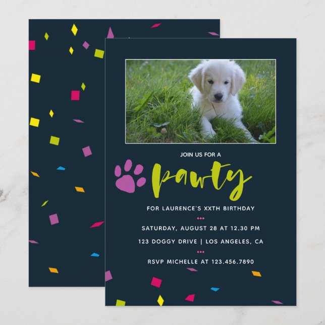 Invitation Chien ou Chiot Anniversaire photo confetti invitat (Devant / Derrière)