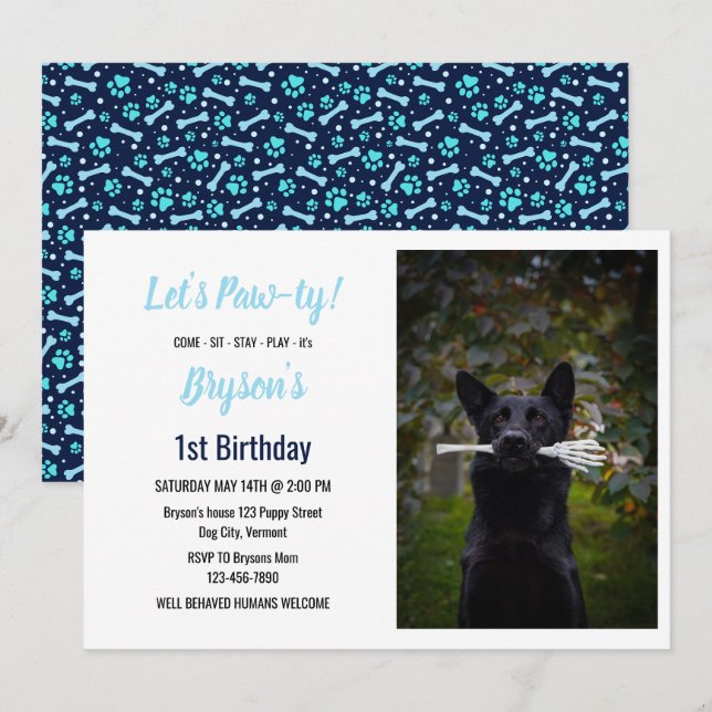 Invitation Chien Personnalisé Anniversaire Bleu Empreinte de  (Devant / Derrière)