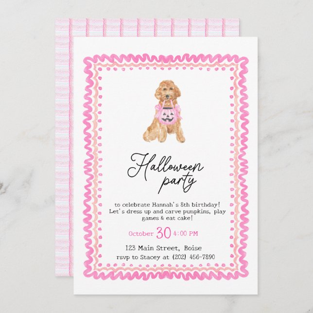 Invitation Chien rose Preppy Citrouille Halloween Party (Devant / Derrière)