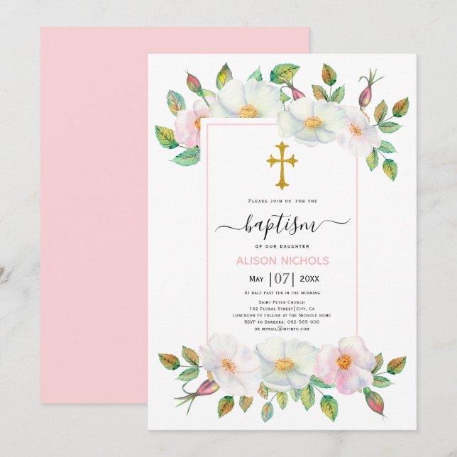 Invitation Chien sauvage blanc et rose rose floral Baptême (Devant / Derrière)