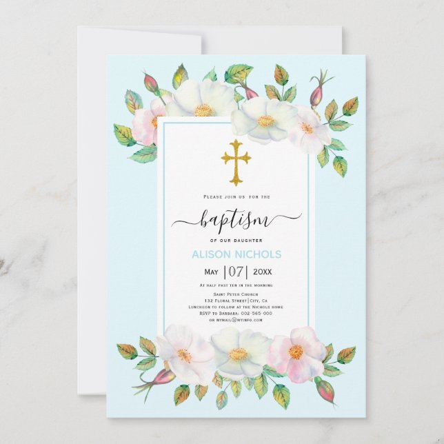 Invitation Chien sauvage blanc rose bleu pâle floral Baptême (Devant)