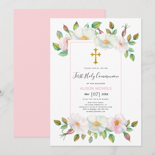 Invitation Chien sauvage blanc, rose rose floral Première com (Devant / Derrière)
