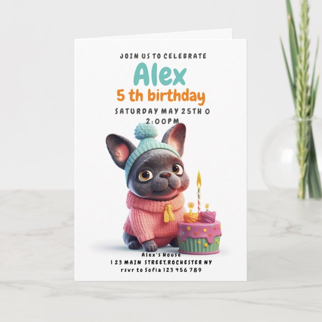 Invitation Chien-taureaux français avec gâteau d'anniversaire (Devant)