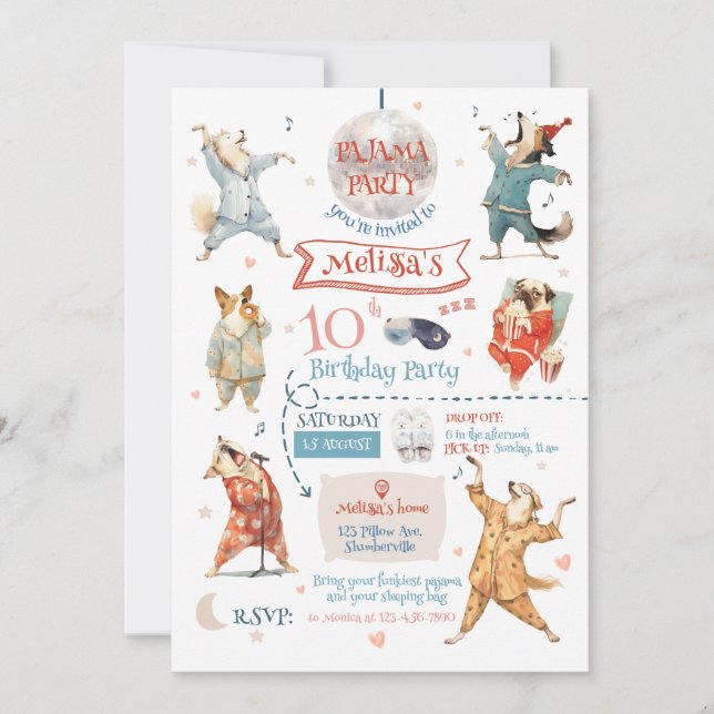 Invitation Chiens amusants Pajama Party Anniversaire Invitati (Devant)