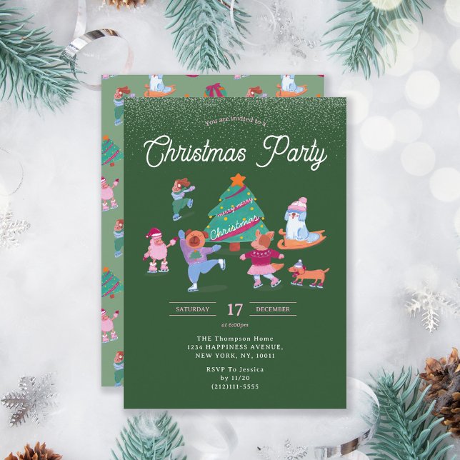 Invitation Chiens de fête Patinage sur glace Soirée de Noël v (Créateur téléchargé)