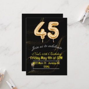 Invitation chiffres de ballons noirs et or pour 45