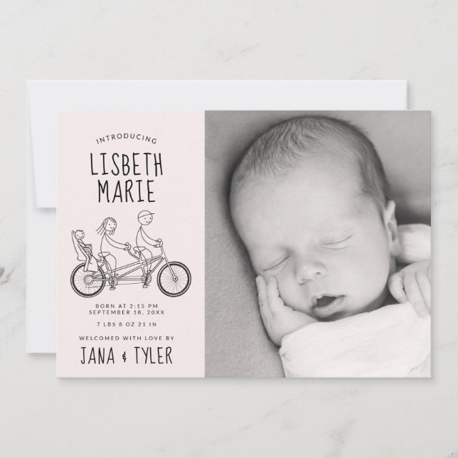 Invitation Chiffres de bâton sur vélo tandem avec siège bébé (Devant)