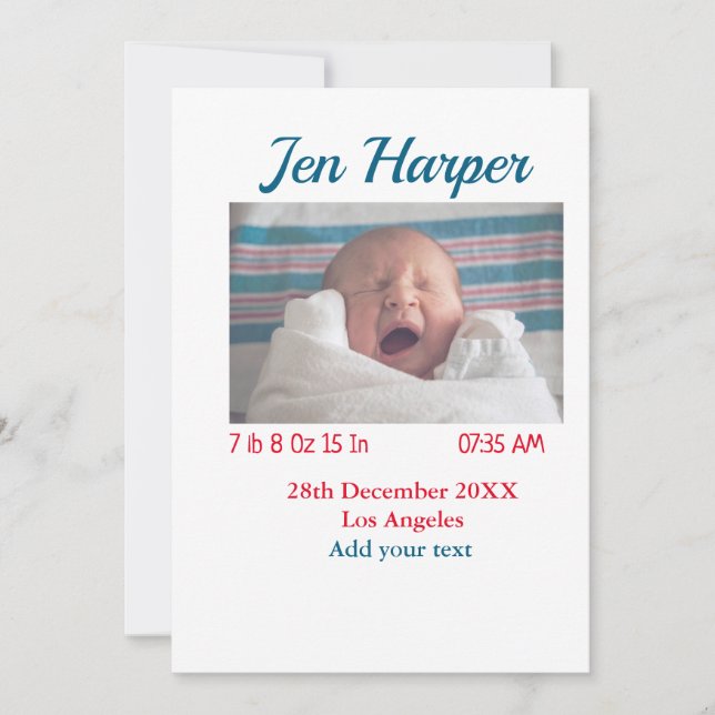 Invitation Chiffres de naissance bébé ajouter nom lieu date d (Devant)