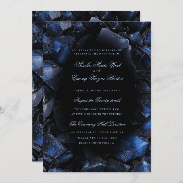 Invitation Chiffres de sorcière bleu foncé Boho Mariage noir (Devant / Derrière)