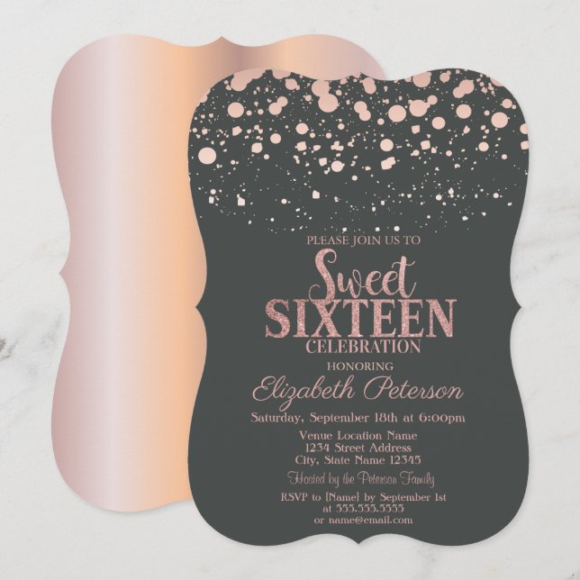 Invitation Chiffres Roses en or gris doux 16 (Devant / Derrière)