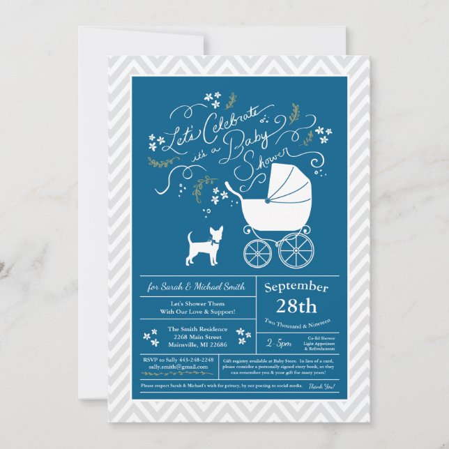 Invitation Chihuahua Chien Baby shower Blue Boy (Devant)