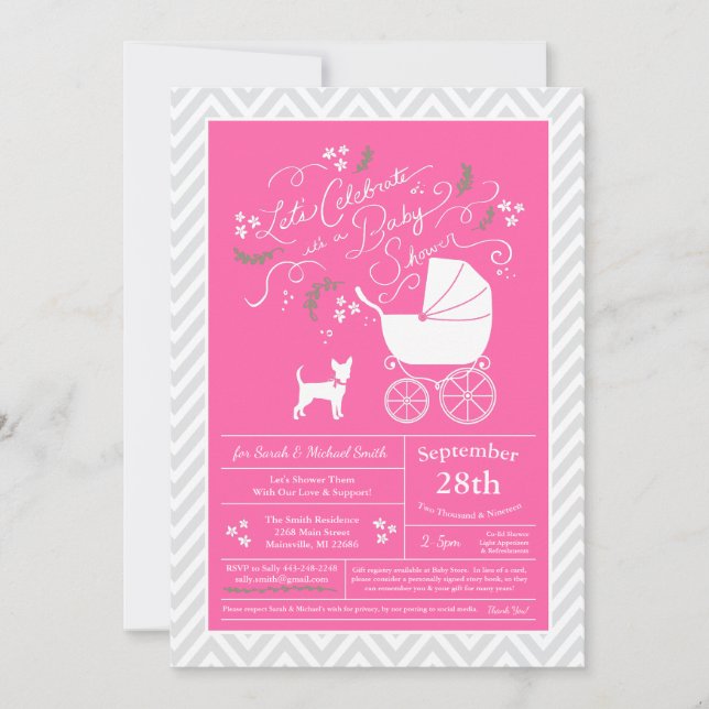 Invitation Chihuahua Chien Baby shower fille rose (Devant)