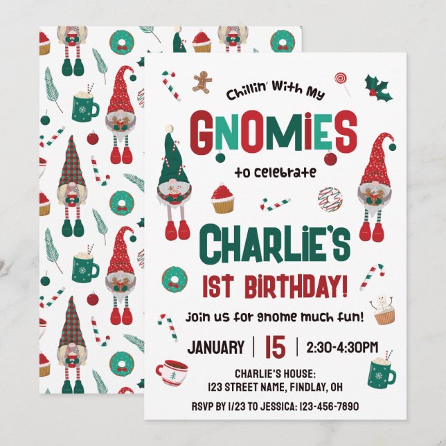 Invitation Chillin avec mes Gnomes Noël fête d'anniversaire (Devant / Derrière)