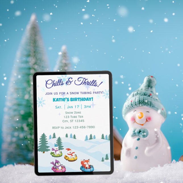 Invitation Chills & Thrills, snow tubing animals birthday (Créateur téléchargé)