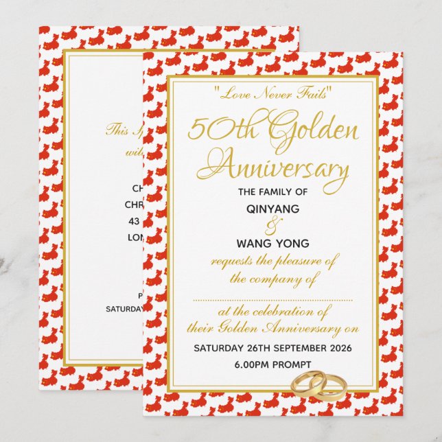 Invitation CHINA Écriture chrétienne personnalisée 50e annive (Devant / Derrière)