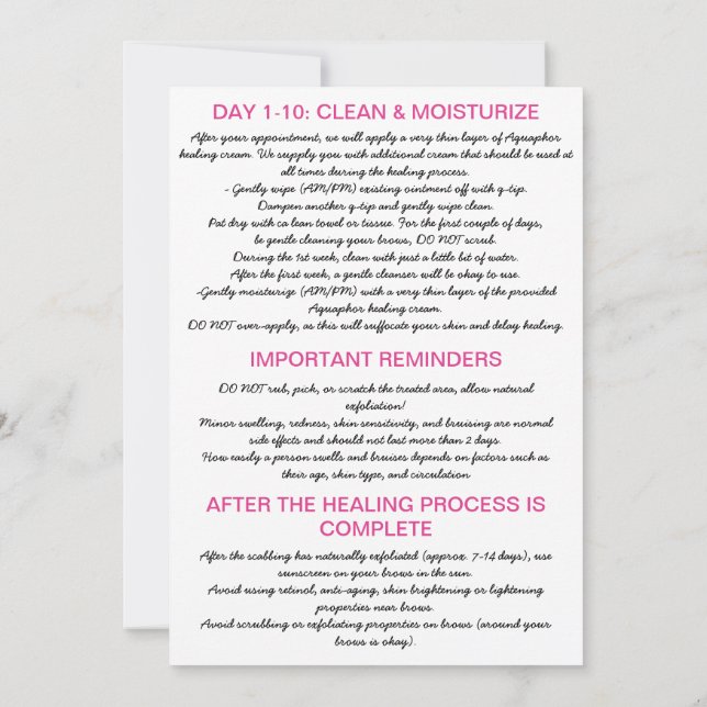 Invitation ChinatiEyebrow Microblading Instructions pour les  (Dos)