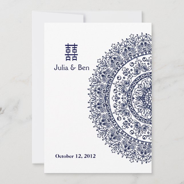 Invitation Chine bleu blanc porcelaine double bonheur (Devant)