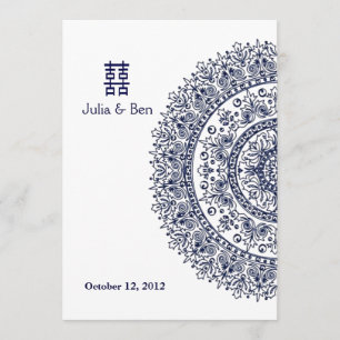 Invitation Chine bleu blanc porcelaine double bonheur