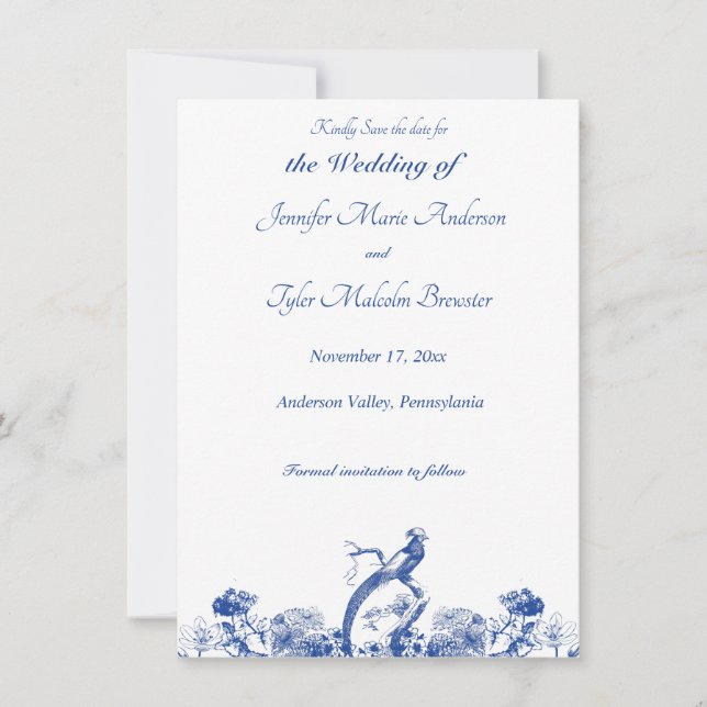 Invitation Chine florale bleue et blanche Motif avec oiseaux (Devant)