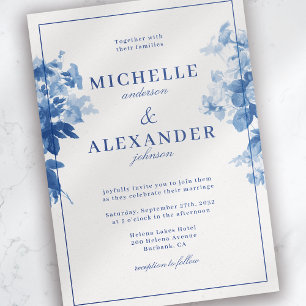 Invitation Chine Mariage floral bleu aquarelle