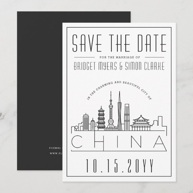 Invitation Chine Mariage stylisé Skyline Enregistrer la date (Devant / Derrière)