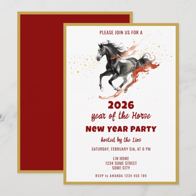 Invitation Chinese New Year 2026 Horse Ink New Year Party (Devant / Derrière)