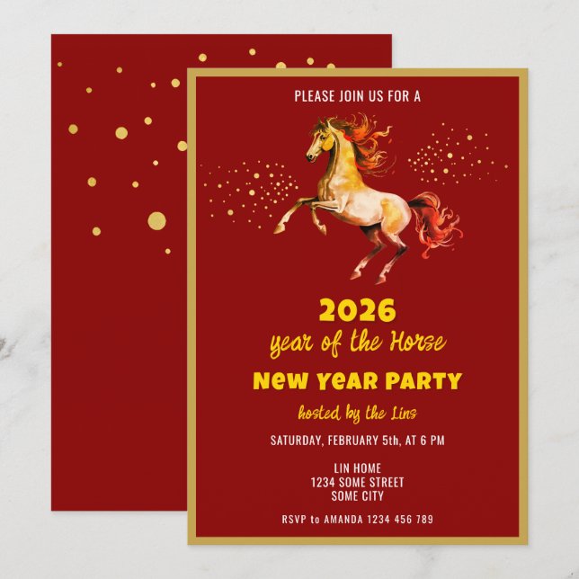 Invitation Chinese New Year 2026 Horse Ink New Year Party (Devant / Derrière)