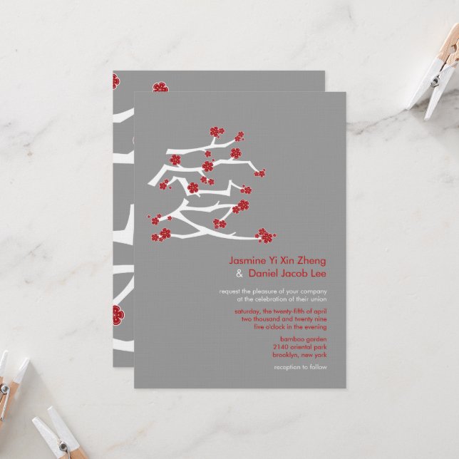 Invitation Chinois Ai Love Cerise Blossoms Rouge Sakura Maria (Devant/Arrière en situation)