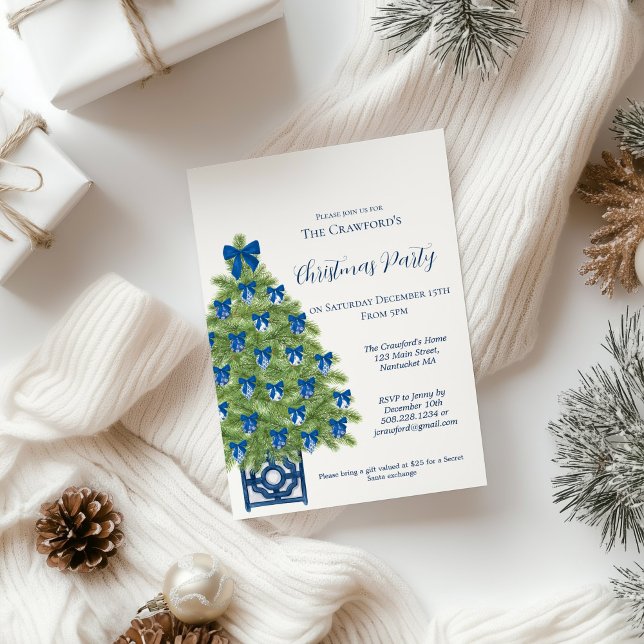 Invitation Chinoiserie Arbre de Noël bleu et blanc (Chinoiserie Christmas Tree Invitation)