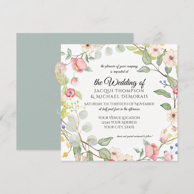 Invitation Chinoiserie Argent Sage Aquarelle Rose Florale (Devant / Derrière)