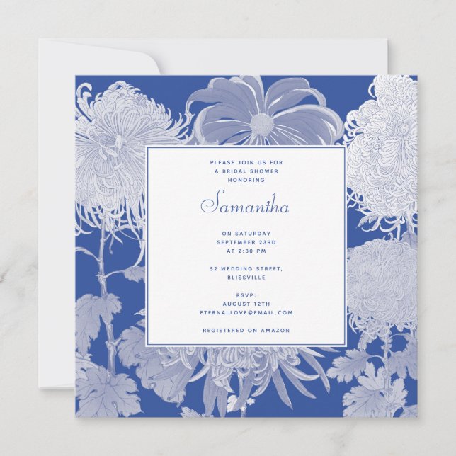 Invitation Chinoiserie blanche bleue Fête des mariées florale (Devant)