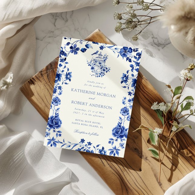 Invitation Chinoiserie bleu profond Vintage Floral Mariage (Créateur téléchargé)