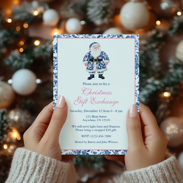 Invitation Chinoiserie bleue et rose Toile Noël Père Noël (Créateur téléchargé)