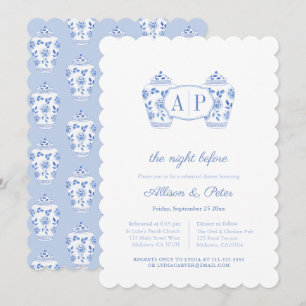 Invitation Chinoiserie Blue Monogram Dîner de répétition Mari