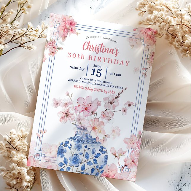 Invitation Chinoiserie Cerise Rose Fleur Anniversaire (Créateur téléchargé)
