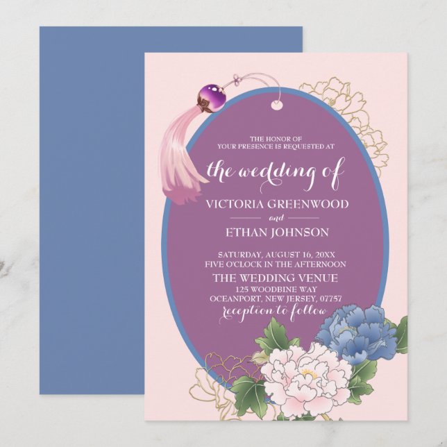 Invitation Chinoiserie Chic Peonies & Tassel Mariage Invitati (Devant / Derrière)