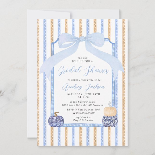 Invitation Chinoiserie Citrouille & Nœud Bleu Mariage Automna (Devant)
