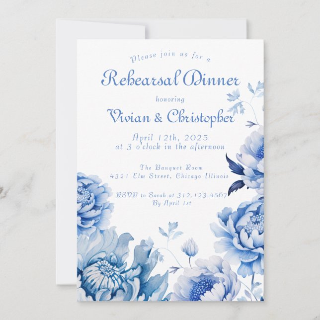 Invitation Chinoiserie Dîner de répétition Floral bleu et bla (Devant)
