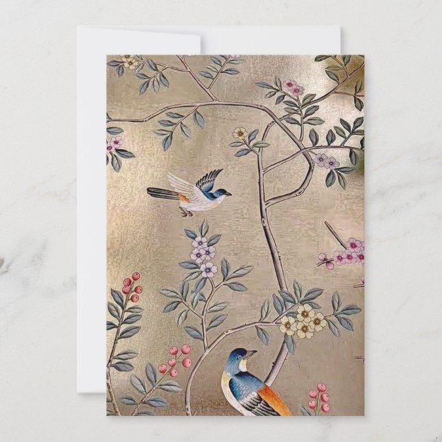 Invitation Chinoiserie d'or avec des oiseaux chanteurs et des (Devant)