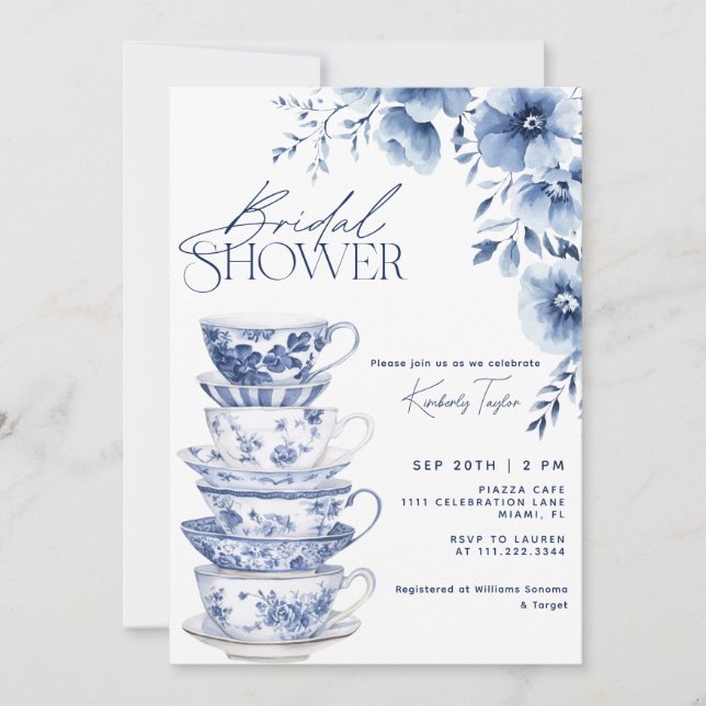Invitation Chinoiserie Dusty Blue Floral Fête des mariées (Devant)