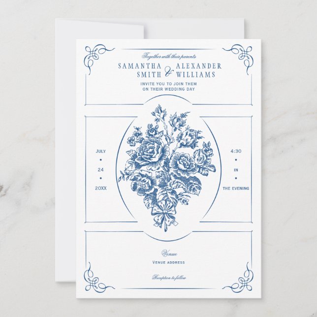 Invitation Chinoiserie Elégant Bouquet Bleu Mariage victorien (Devant)