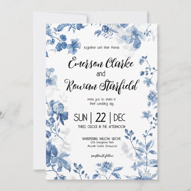 Invitation Chinoiserie Élégante Floral Toile Bleu Français (Devant)