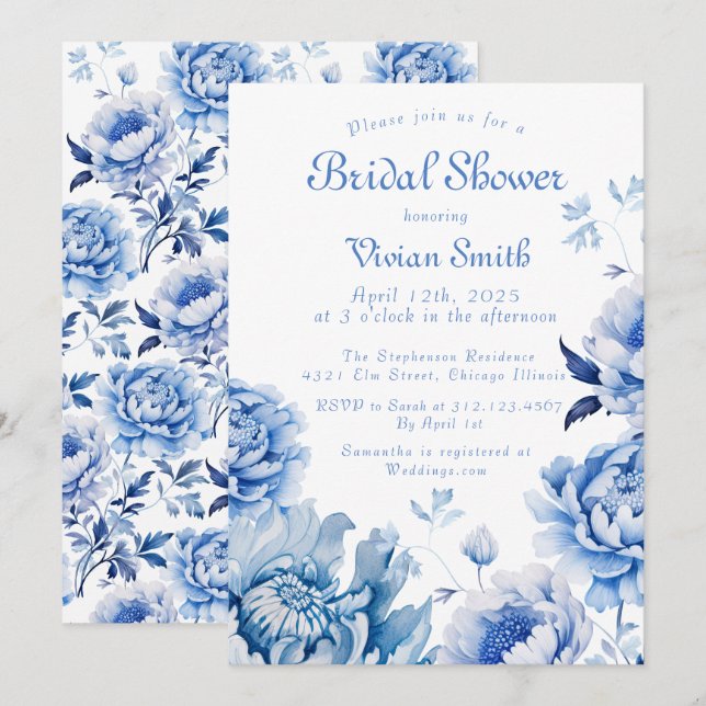 Invitation Chinoiserie Fête des mariées florale bleue et blan (Devant / Derrière)